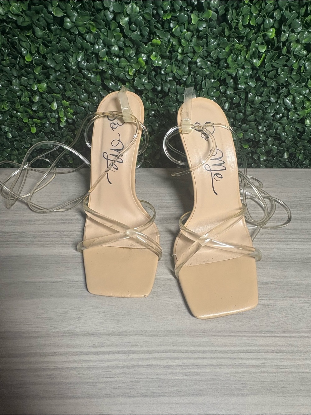 So Me Nude Clear Strap Lace Up Heels Women's Size 6